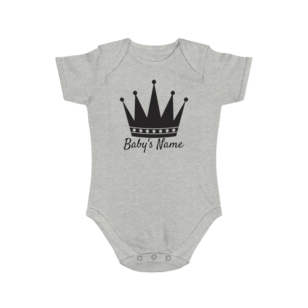 Gray baby onesie with black crown and text "Baby's Name".