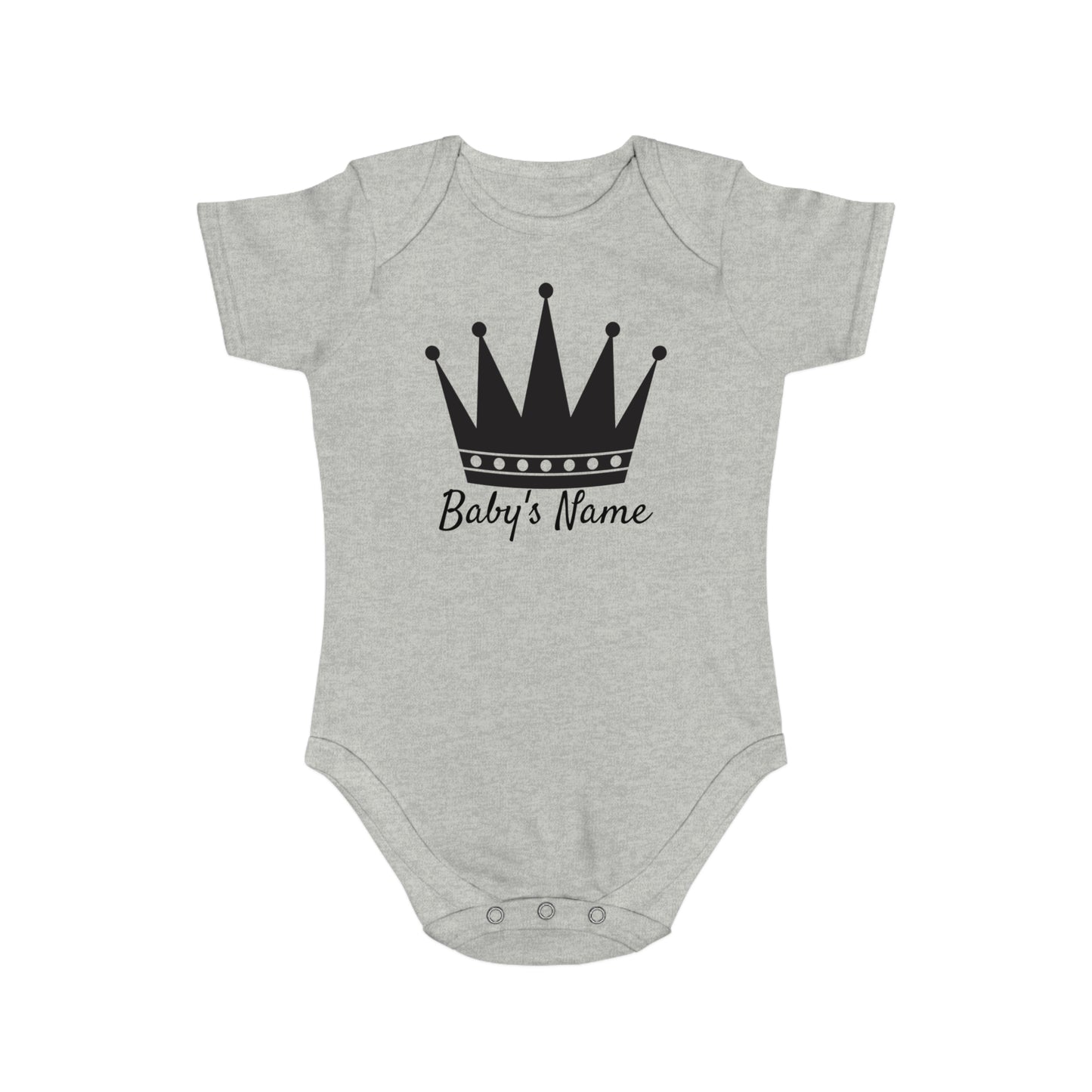 Gray baby onesie with black crown and text "Baby's Name".