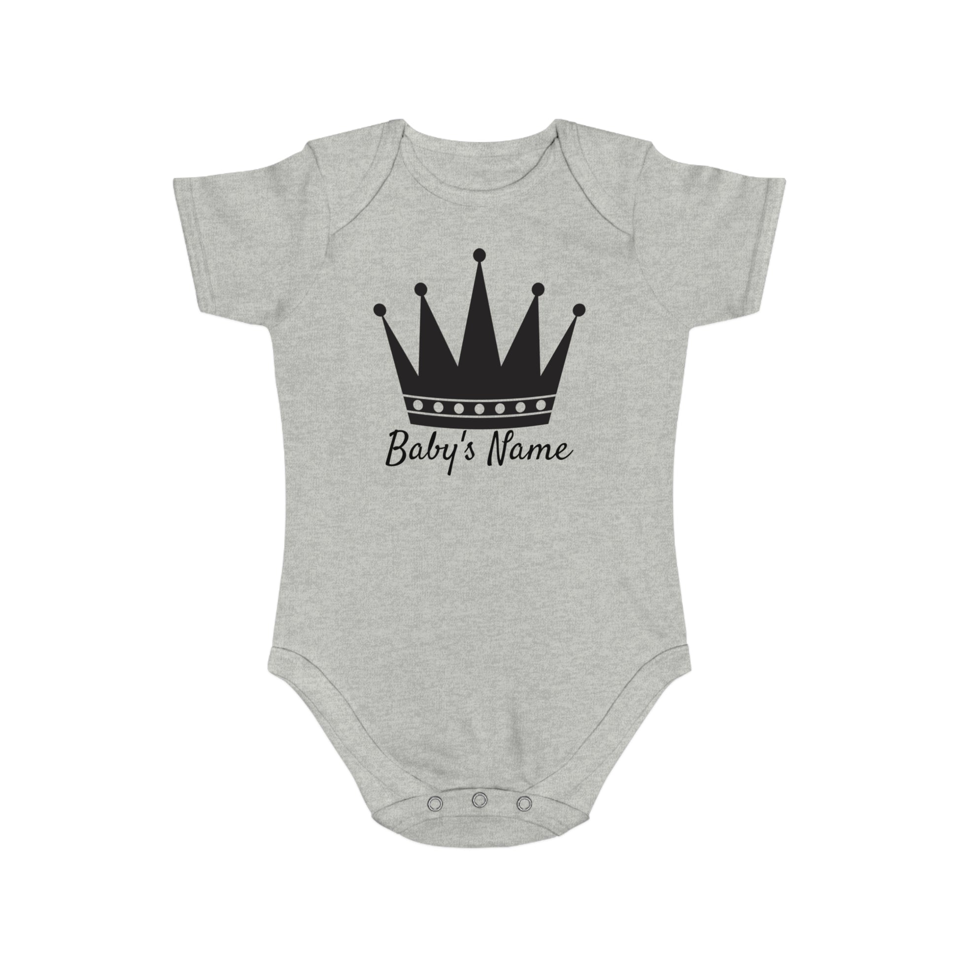 Gray baby onesie with black crown and text "Baby's Name".