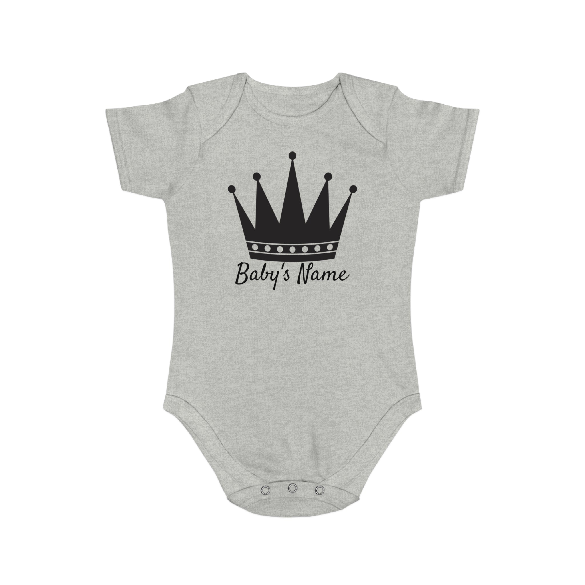 Gray baby onesie with black crown and text "Baby's Name".