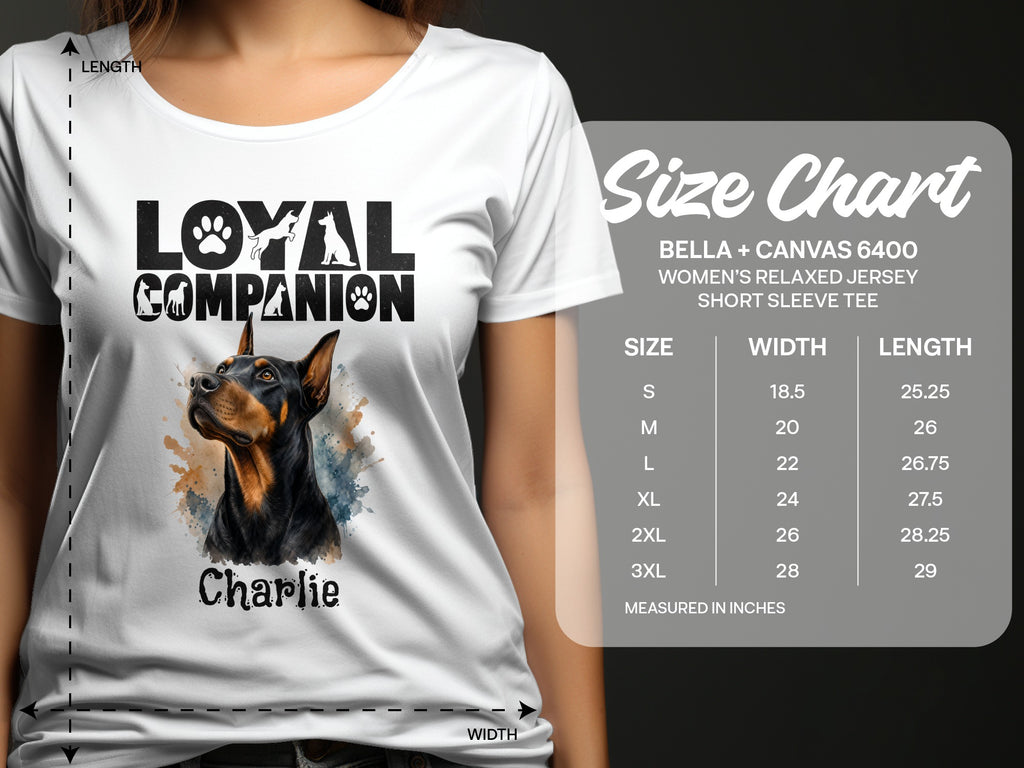 Bella + Canvas 6400 Women's t-shirt size chart with Doberman graphic.