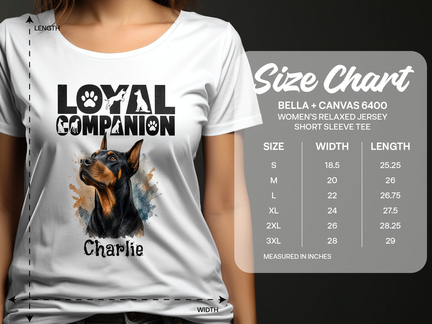 Bella + Canvas 6400 Women's t-shirt size chart with Doberman graphic.