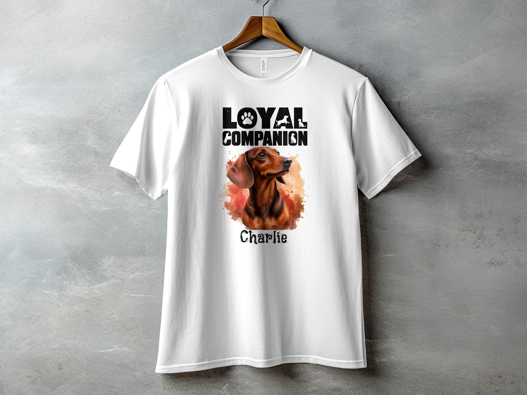 White t-shirt with 'LOYAL COMPANION' text and a painting of a dachshund named Charlie.