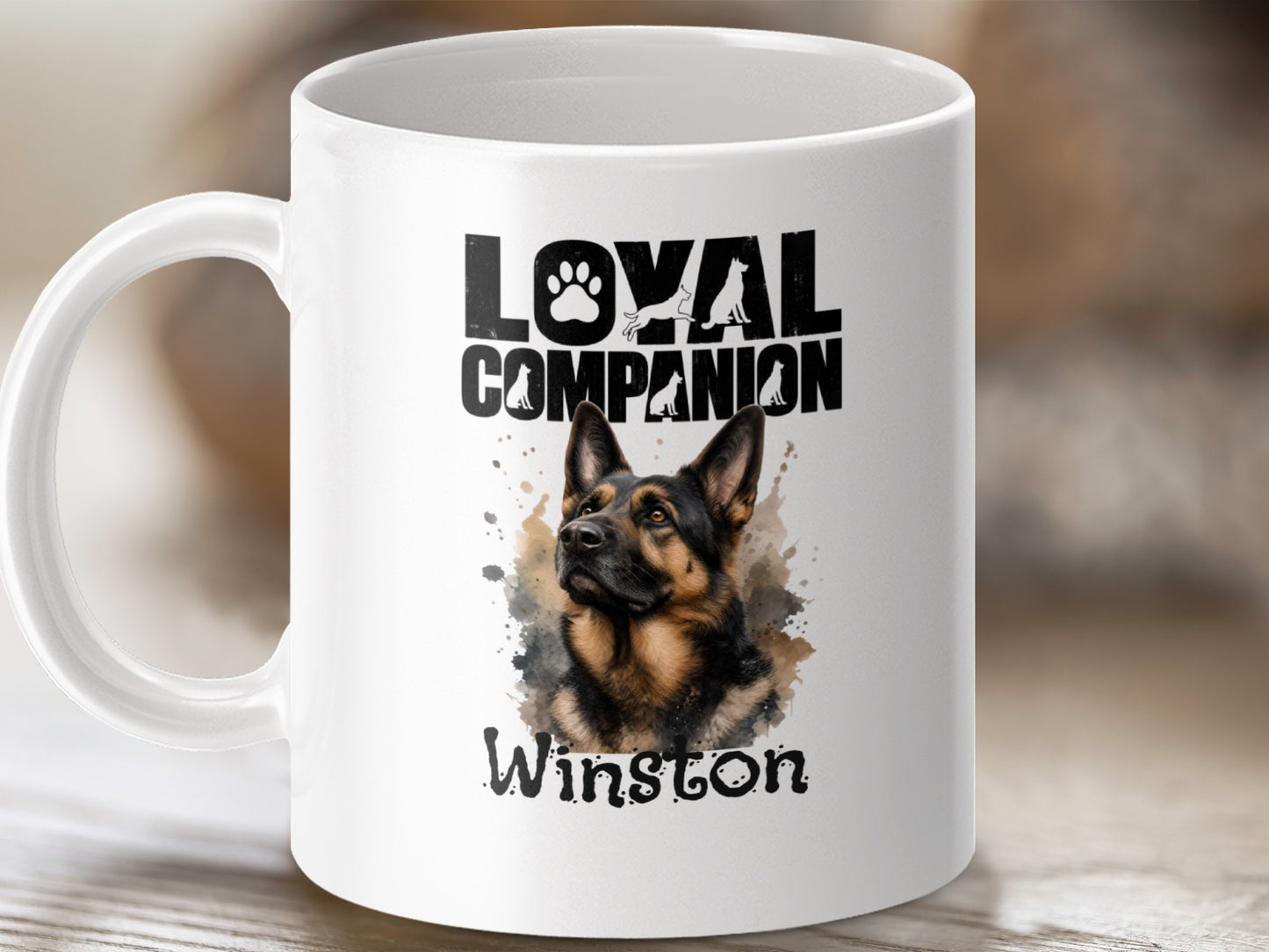 White mug with German Shepherd image and text "Loyal Companion Winston".
