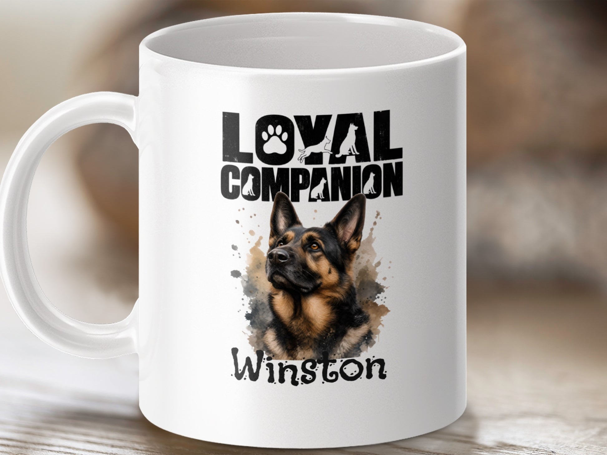 White mug with German Shepherd image and text "Loyal Companion Winston".