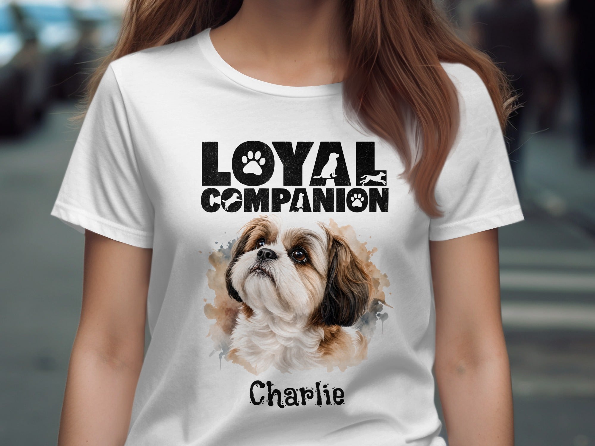 White t-shirt with "Loyal Companion" text and a Shih Tzu dog portrait.