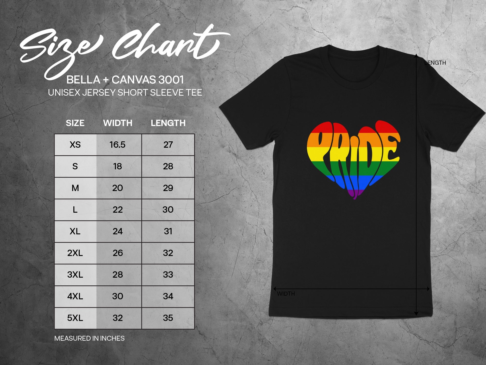 T-shirt size chart for Bella + Canvas 3001 unisex tee with rainbow pride heart graphic.