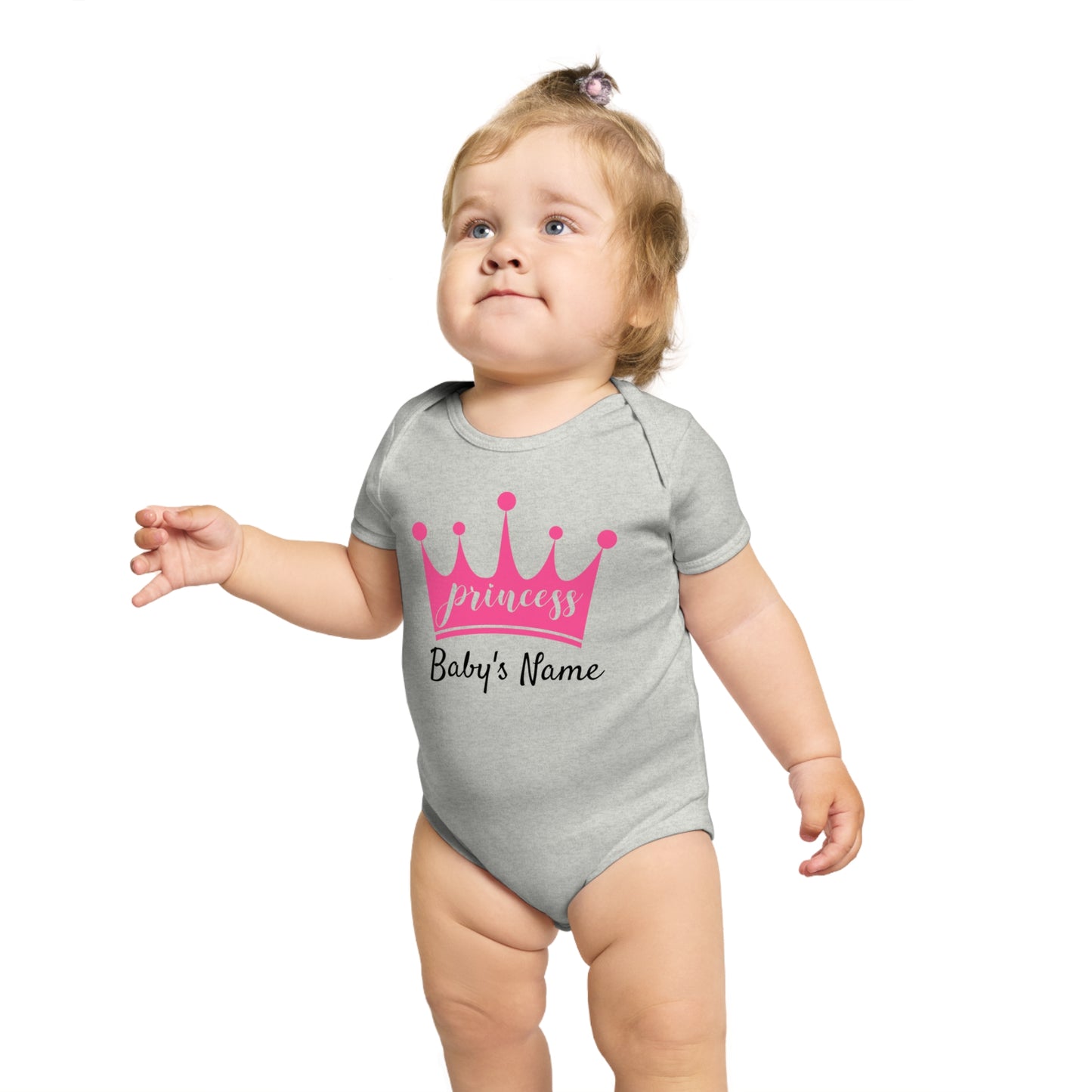 Baby bodysuit with "princess" and crown graphic.