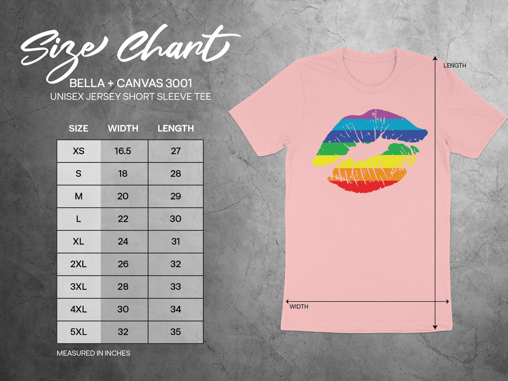 Size chart for Bella + Canvas 3001 unisex tee with rainbow lips graphic.
