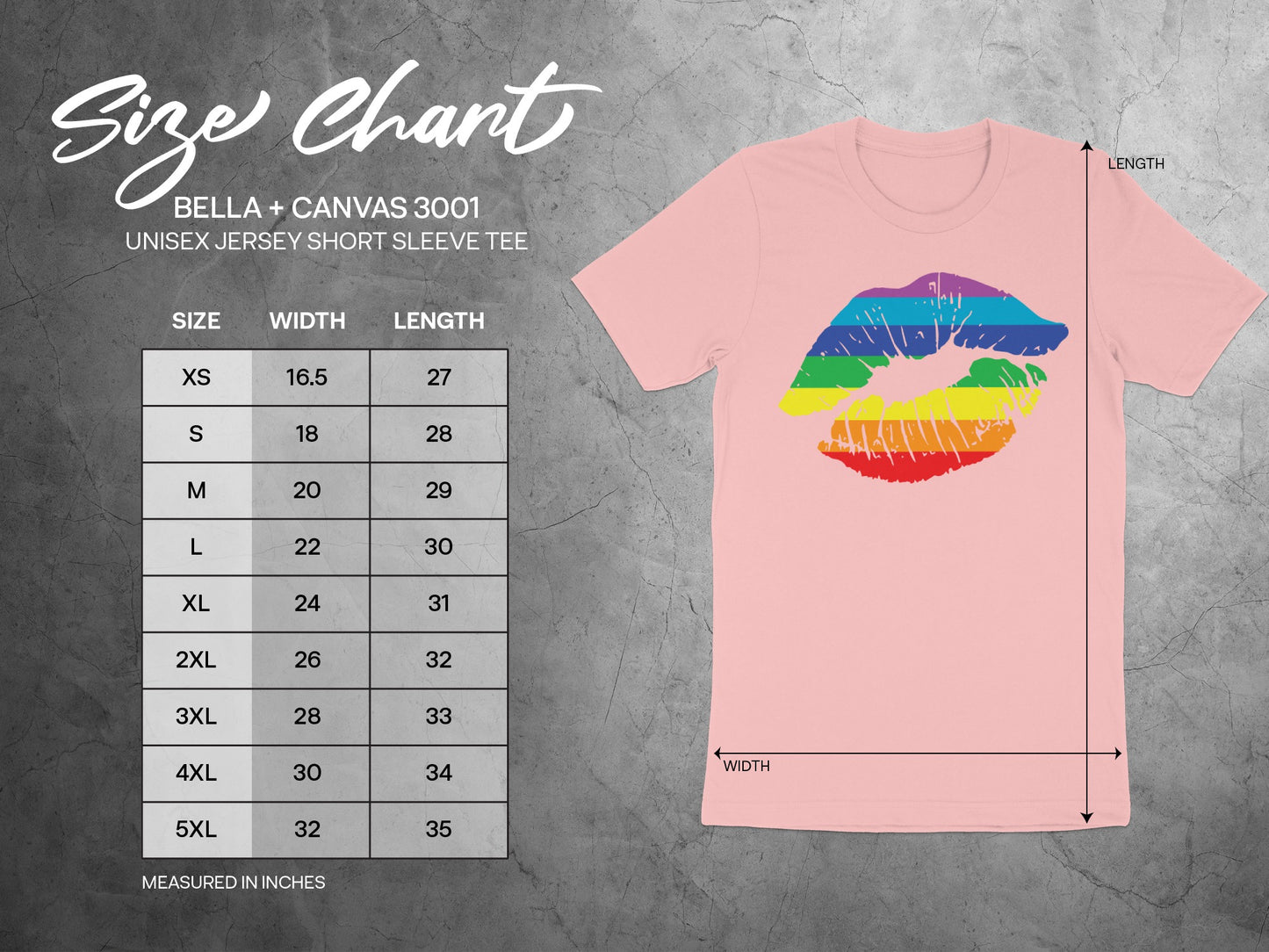 Size chart for Bella + Canvas 3001 unisex tee with rainbow lips graphic.