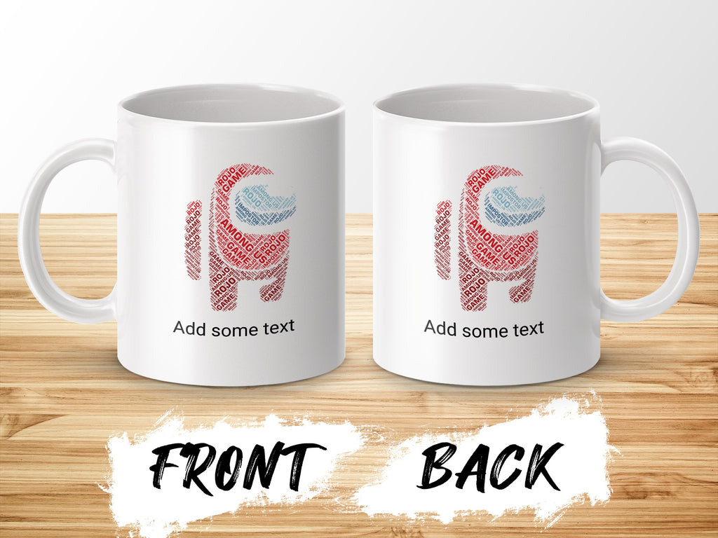 White mug with Among Us character design and "Add some text" placeholder.