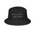Black bucket hat with white embroidered text "Personalised Text / Word".