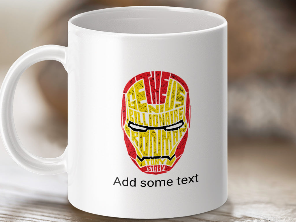 White mug with Iron Man mask design made of text, "Add some text" below.