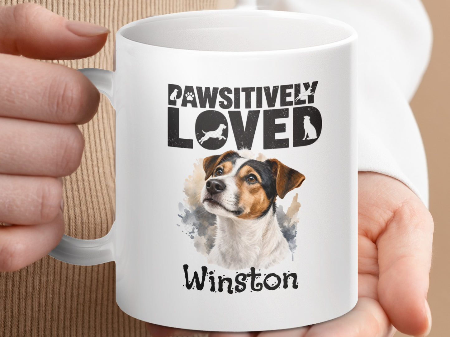 White mug with "PAWSITIVELY LOVED" and a dog portrait named Winston.