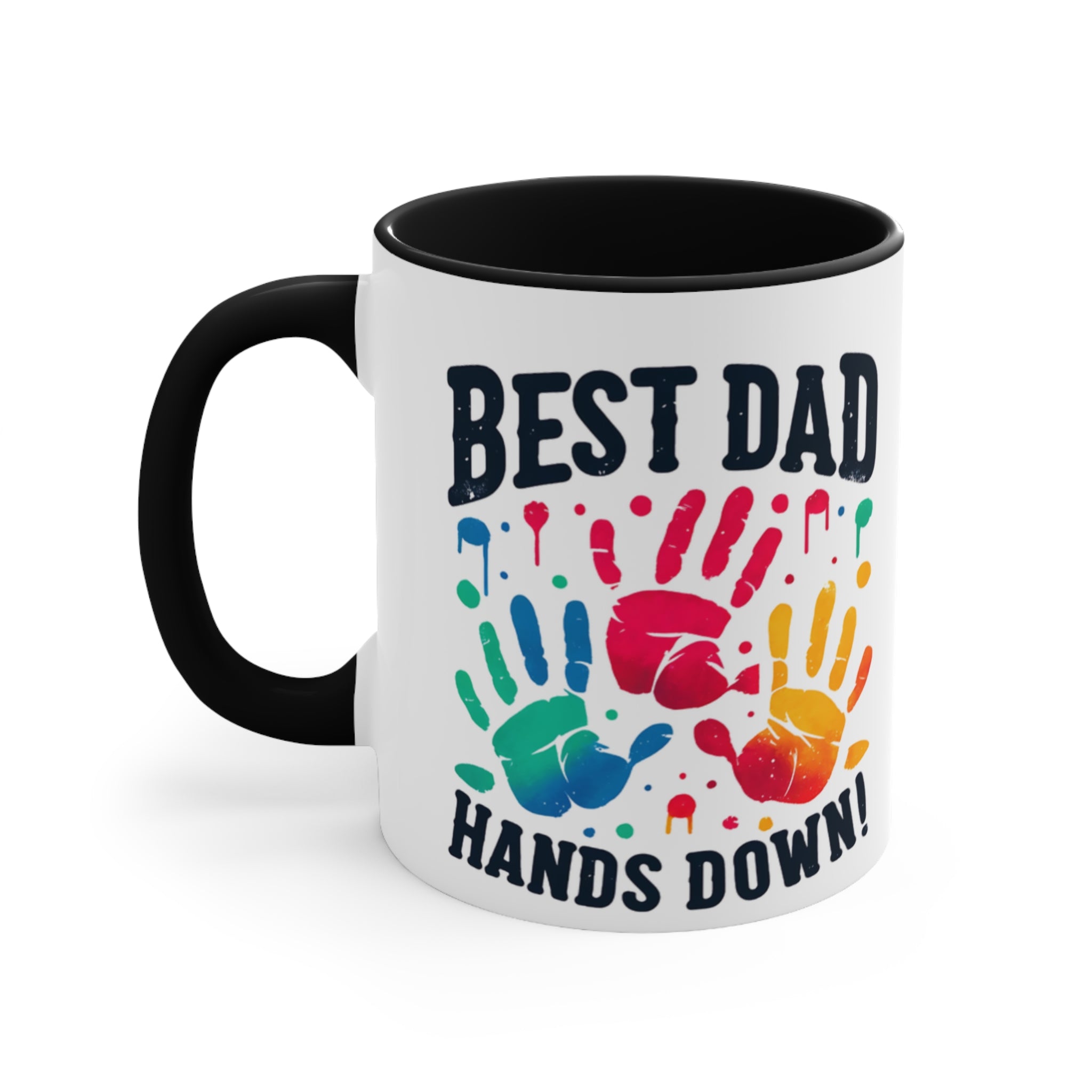Mug with colorful handprints and text "BEST DAD HANDS DOWN!".