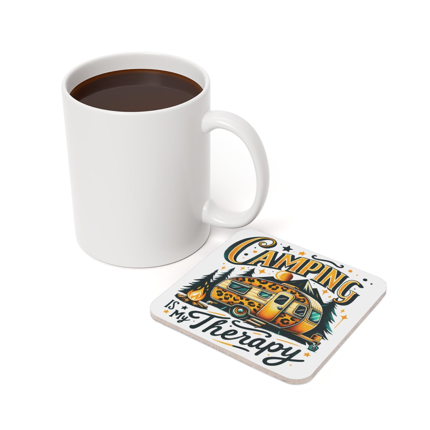 Coaster with leopard print camper, campfire, and text "Camping is my therapy".