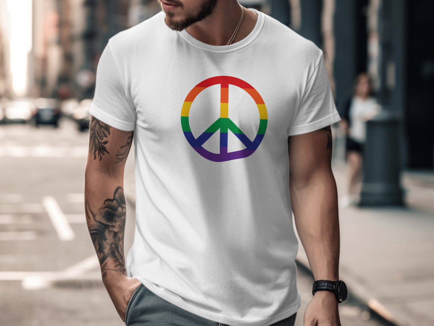 White t-shirt with rainbow peace sign on chest.