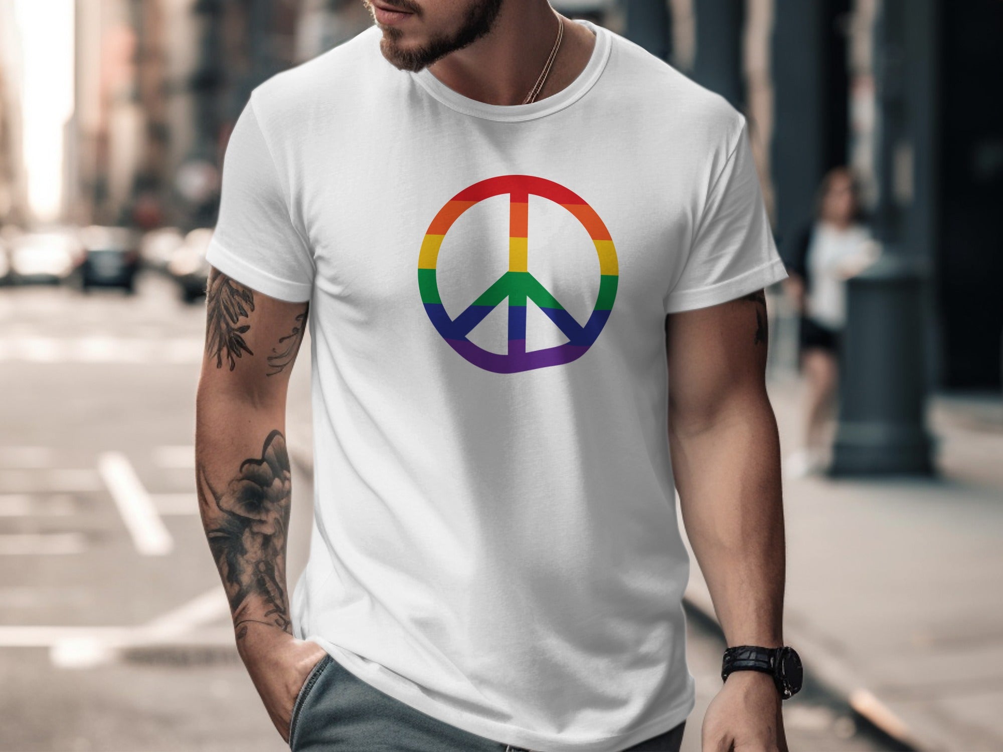 White t-shirt with rainbow peace sign on chest.