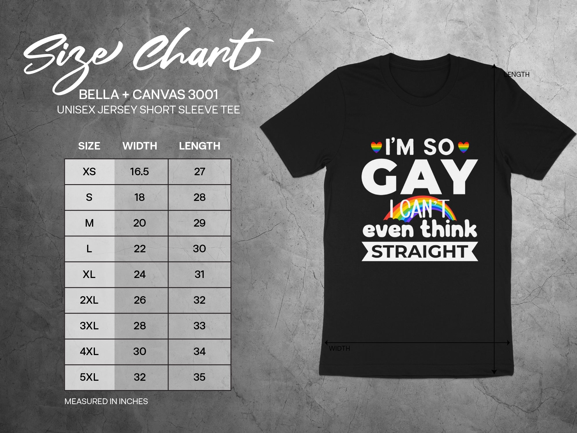 Unisex short sleeve tee size chart with measurements in inches and descriptive text.
