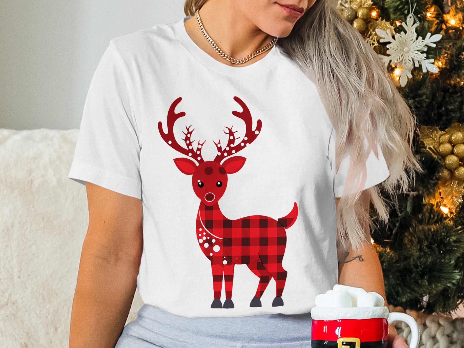 Red Plaid Reindeer Festive Holiday Tee Shirt