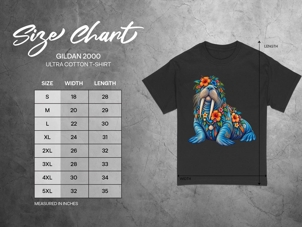 Gildan 2000 t-shirt size chart with walrus graphic and measurements in inches.
