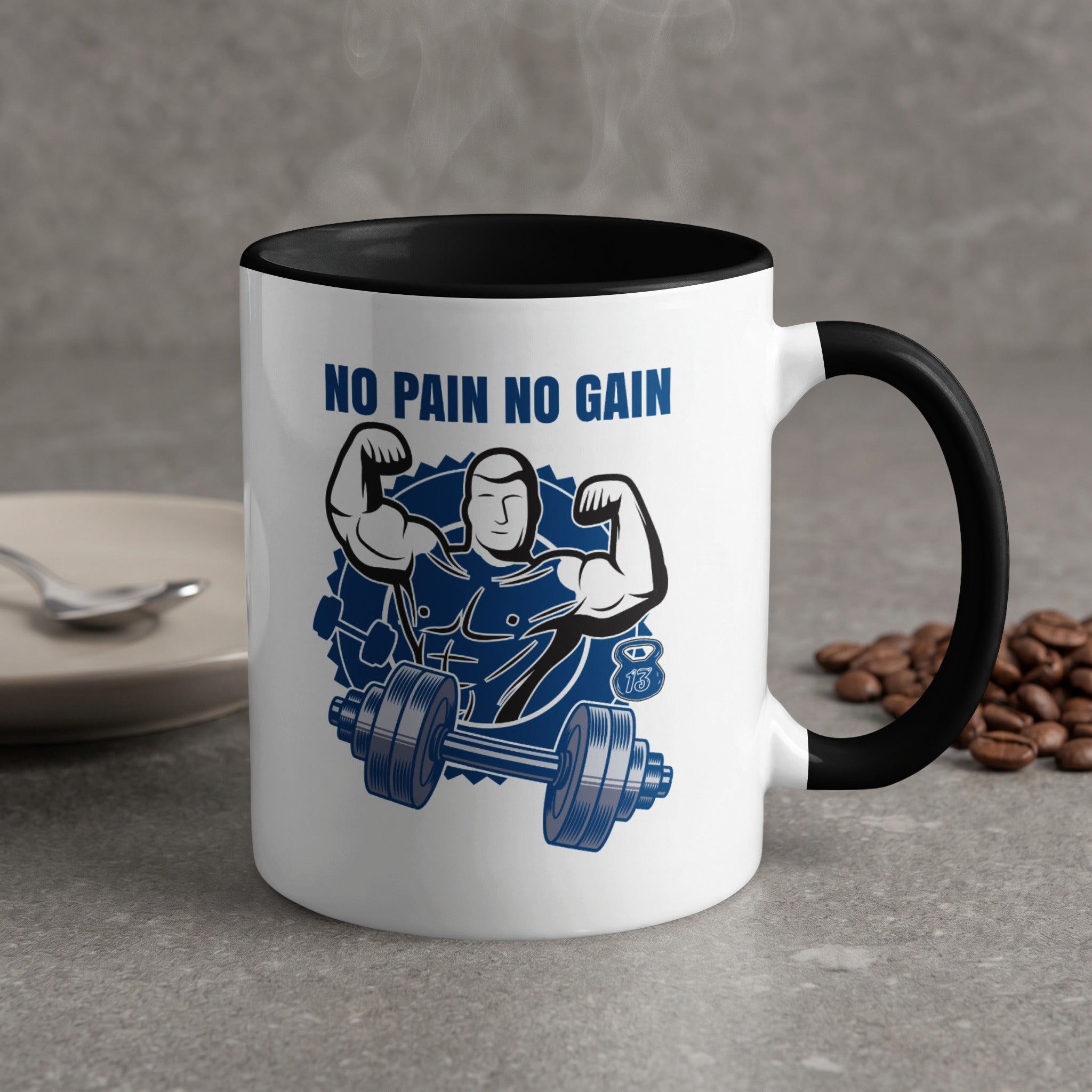 White mug with black rim featuring a muscular man and barbell, text "NO PAIN NO GAIN".