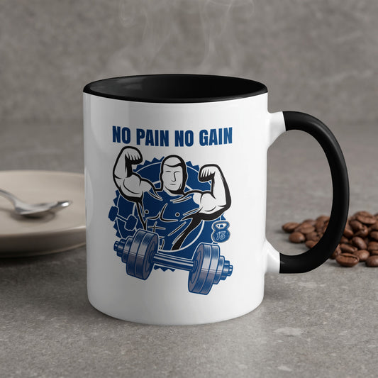 White mug with black rim featuring a muscular man and barbell, text "NO PAIN NO GAIN".