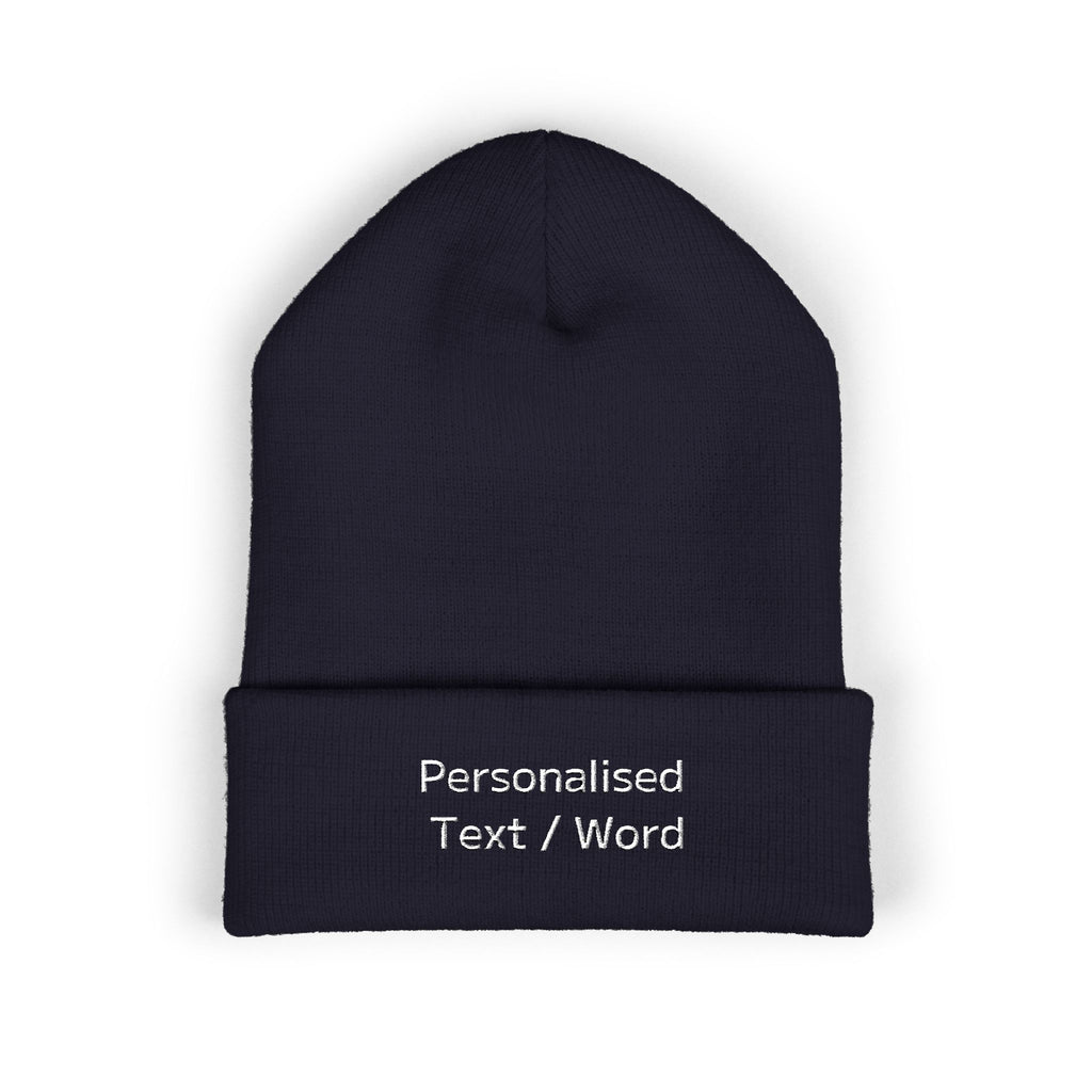 Navy knit beanie with embroidered text "Personalised Text / Word".
