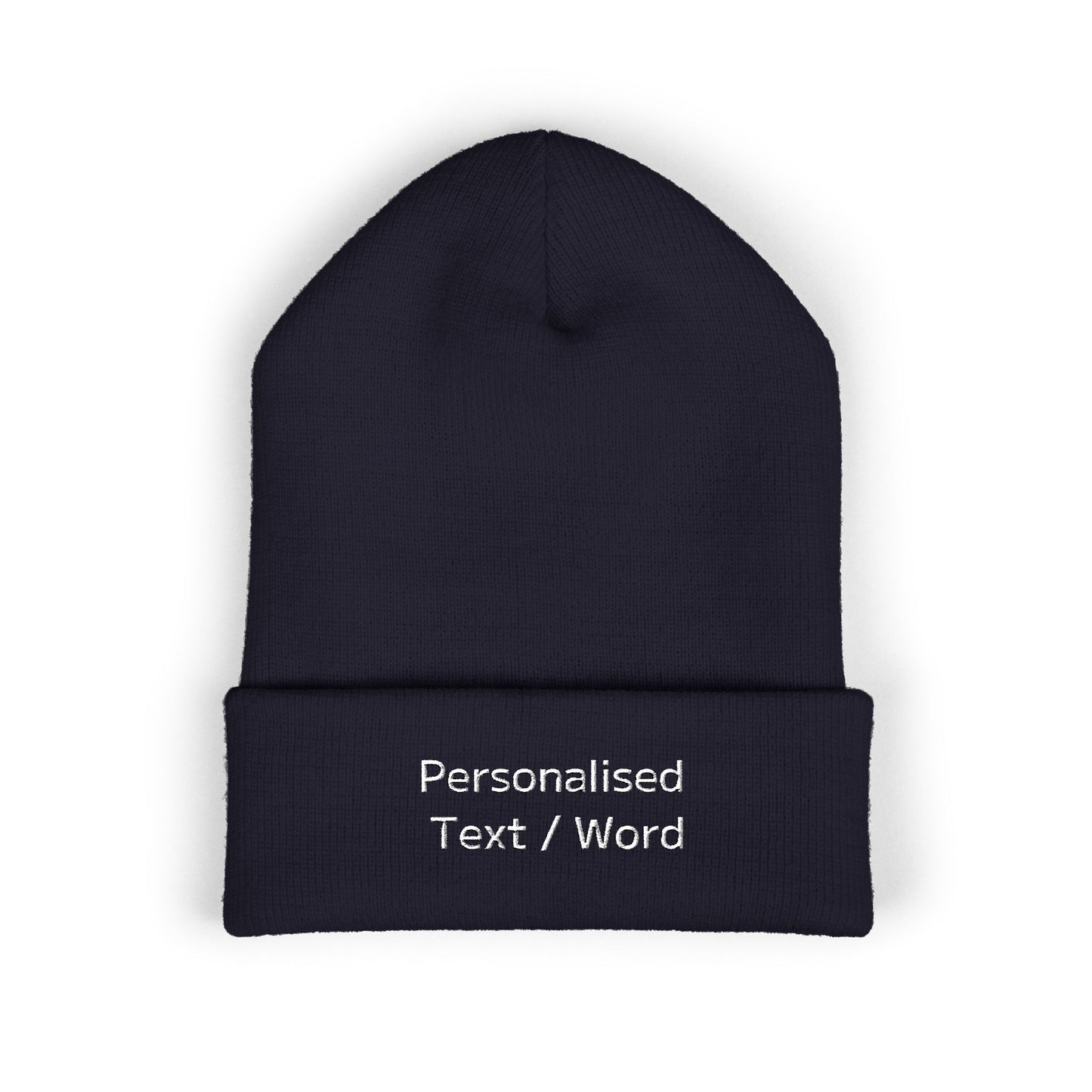 Navy knit beanie with embroidered text "Personalised Text / Word".