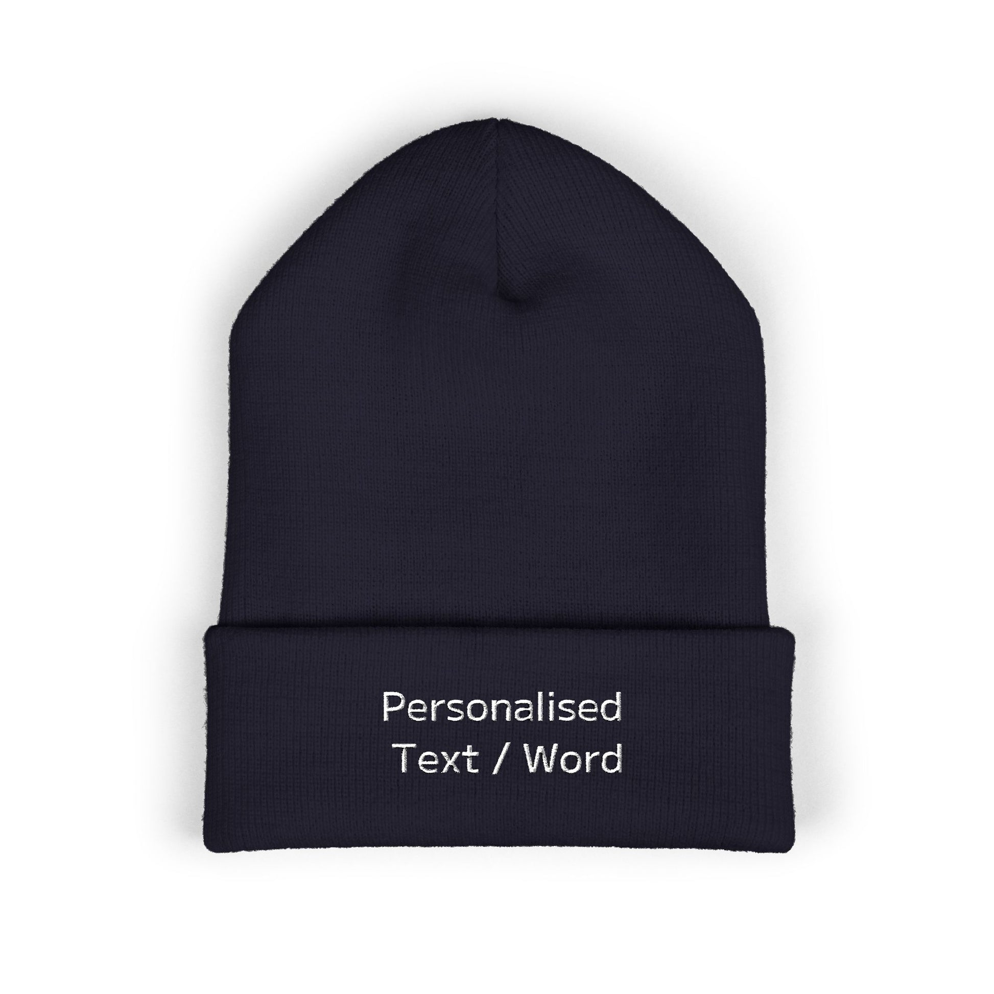 Navy knit beanie with embroidered text "Personalised Text / Word".