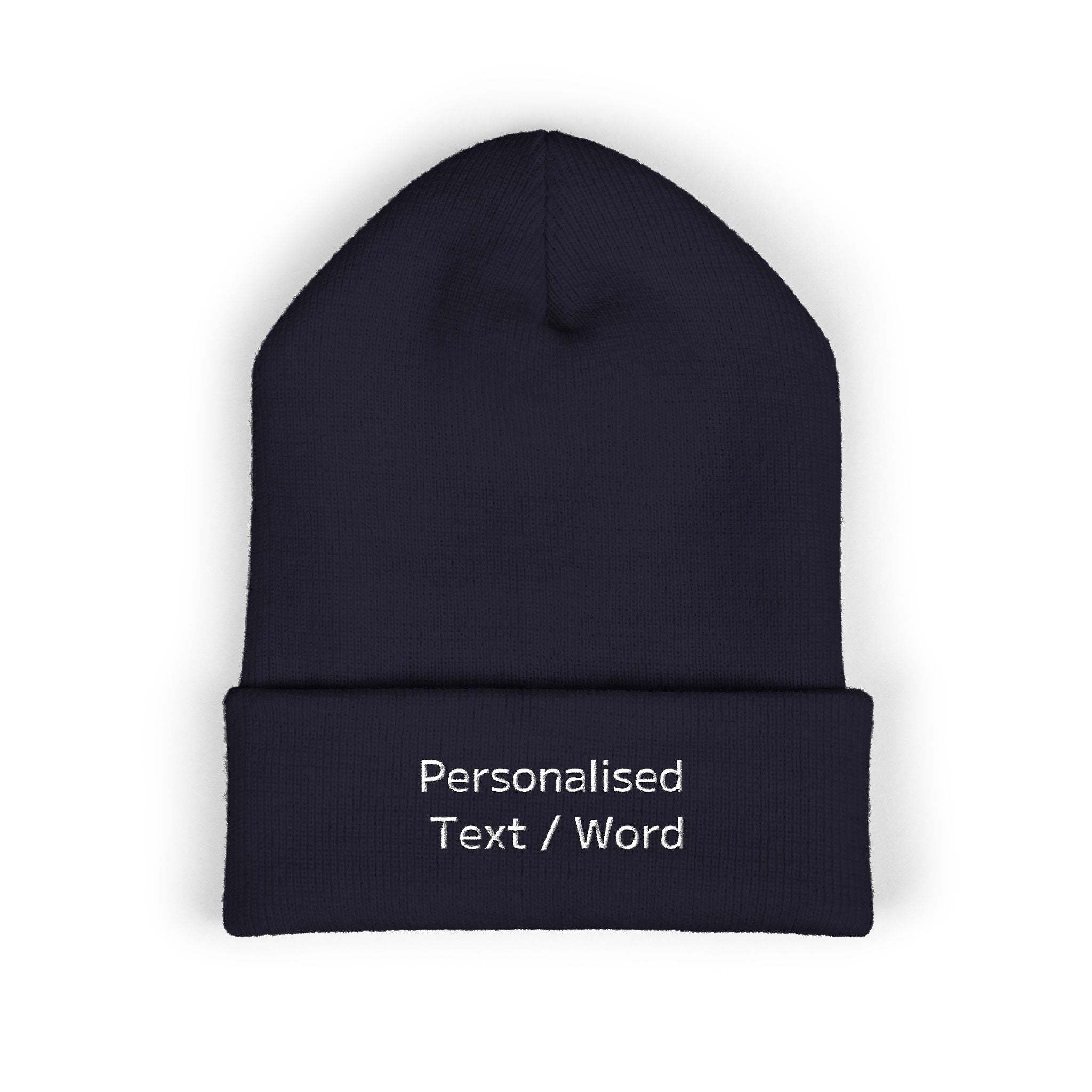 Navy knit beanie with embroidered text "Personalised Text / Word".
