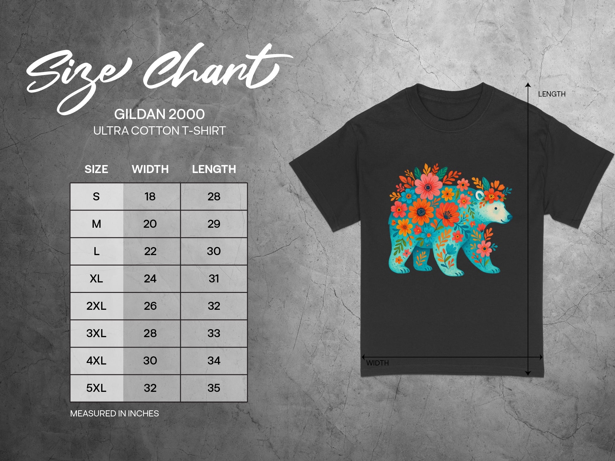 Size chart for Gildan 2000 Ultra Cotton t-shirts with floral bear graphic.