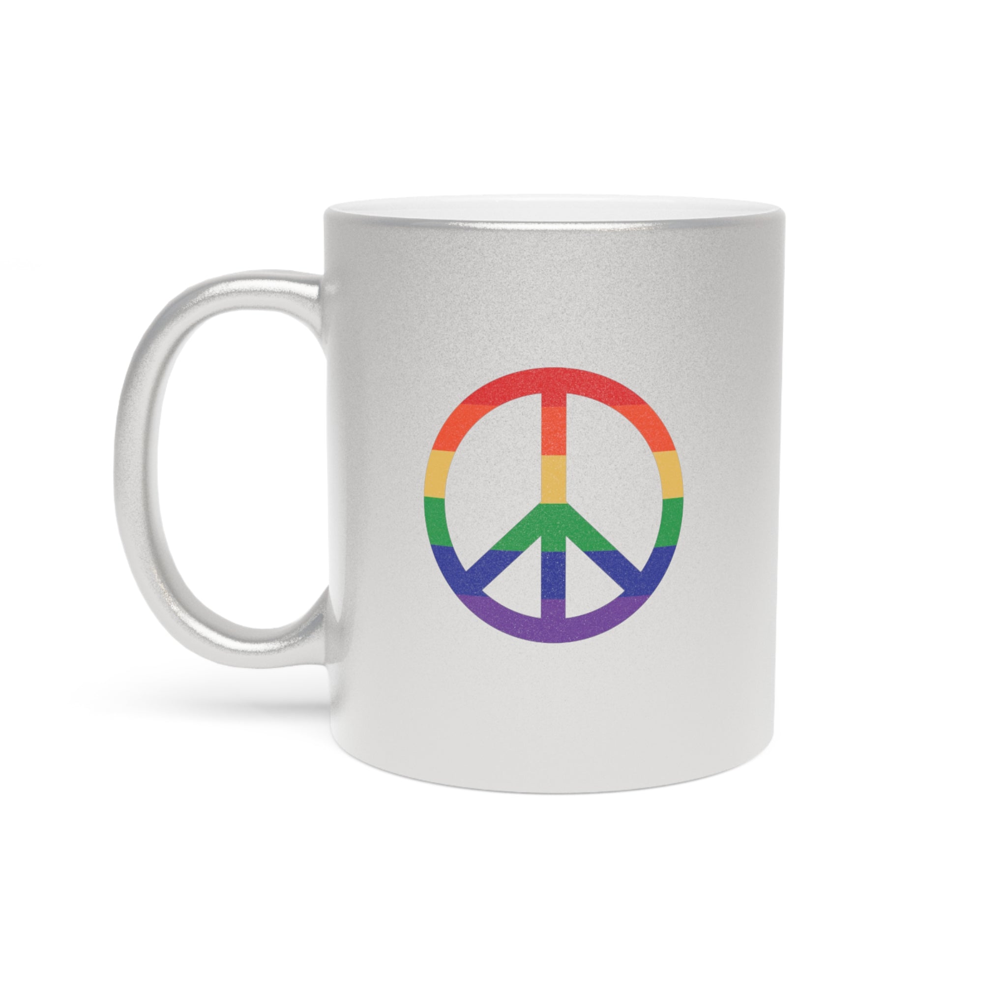 Silver mug with a rainbow peace sign on a white background.