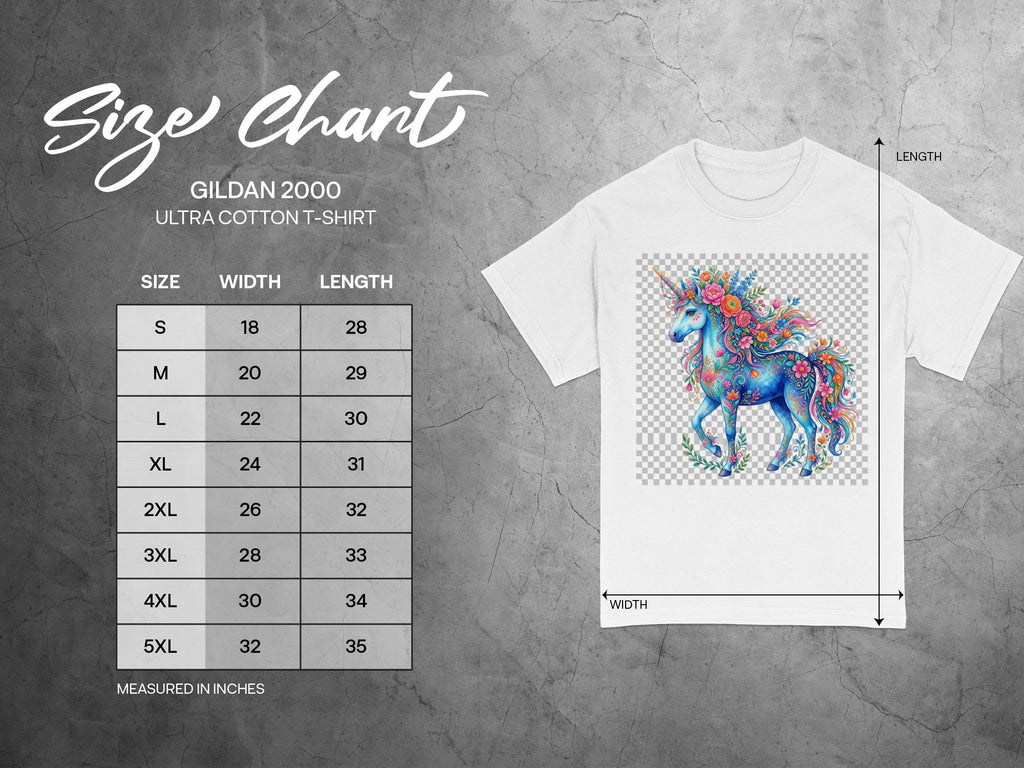 Gildan 2000 Ultra Cotton T-shirt size chart with measurements for sizes S-5XL.