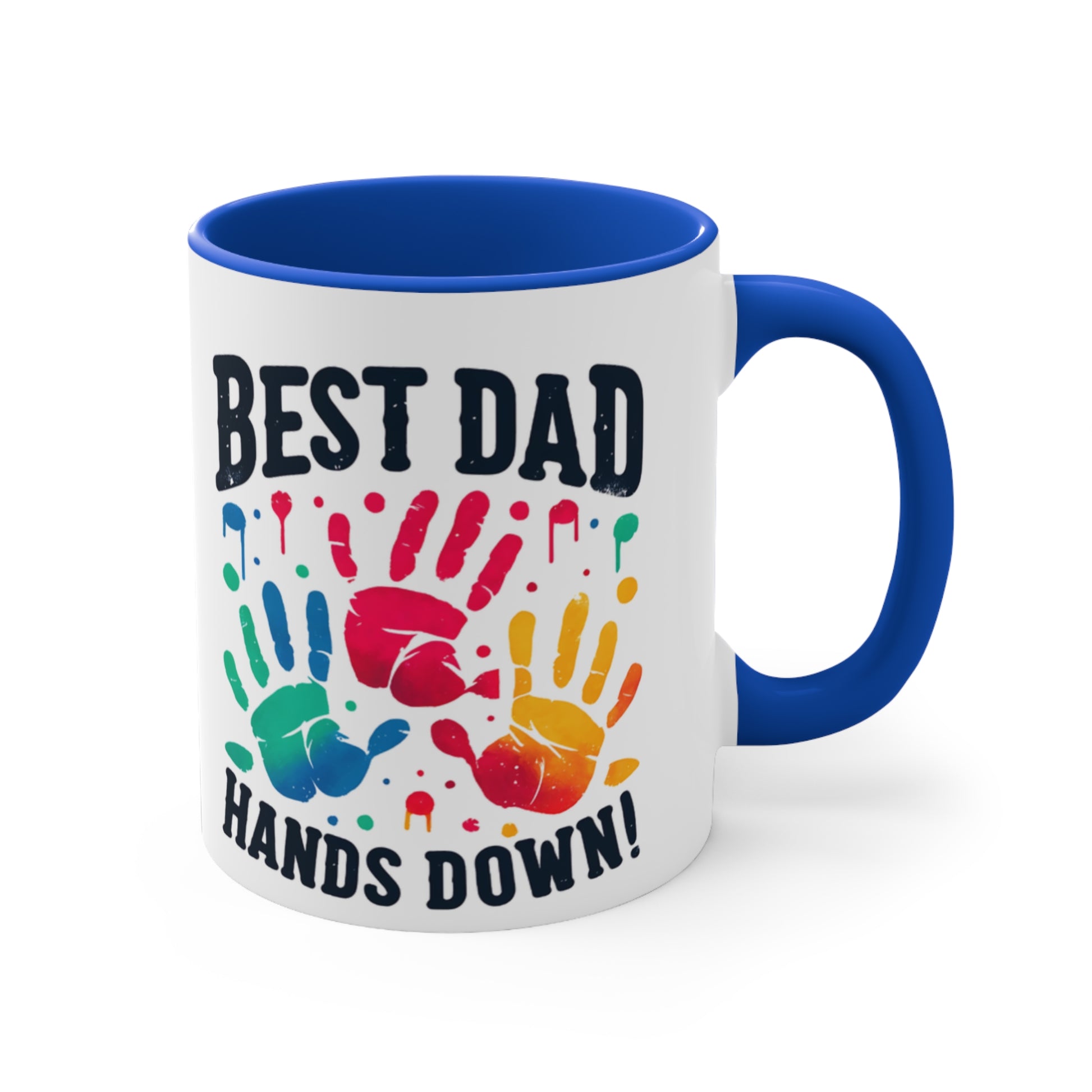 White mug with colorful handprints and text "BEST DAD HANDS DOWN!".