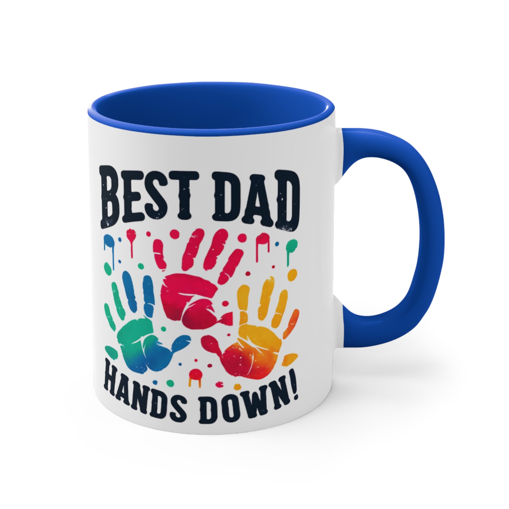 White mug with colorful handprints and text "BEST DAD HANDS DOWN!".