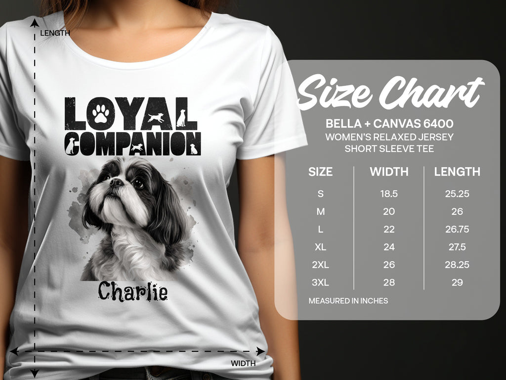 White t-shirt with "Loyal Companion" text and dog graphic, plus a size chart.