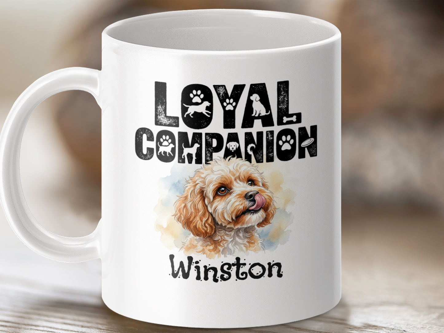 White mug with text "LOYAL COMPANION" and a watercolor painting of a dog named Winston.