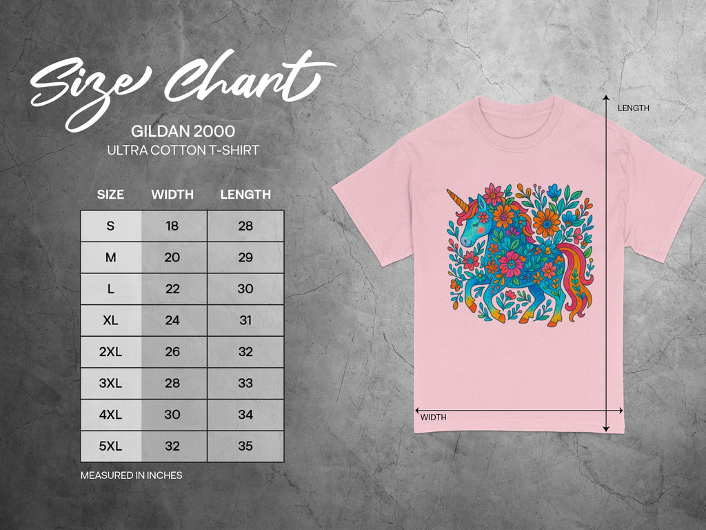 Gildan 2000 Ultra Cotton t-shirt size chart with width and length measurements in inches.