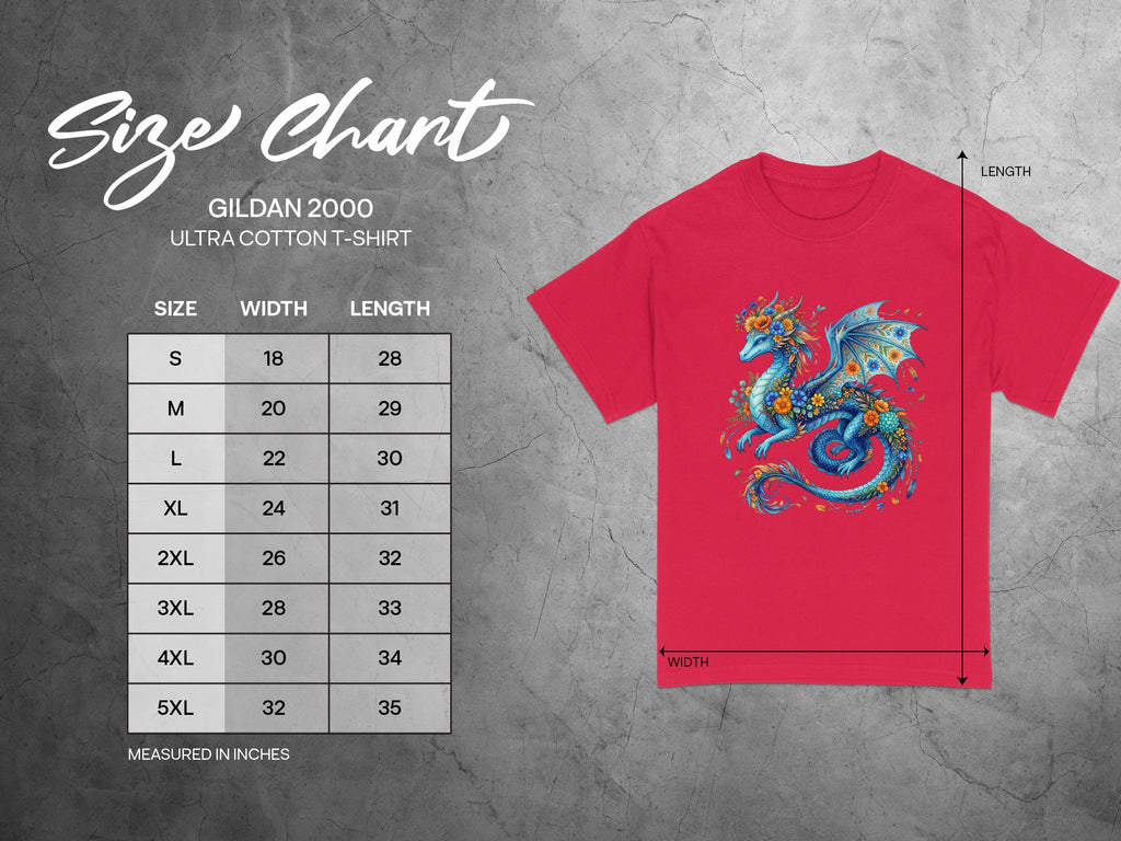 Gildan 2000 Ultra Cotton t-shirt size chart with measurements in inches.