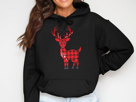 Cute Festive Reindeer Hoodie With Red Plaid Design