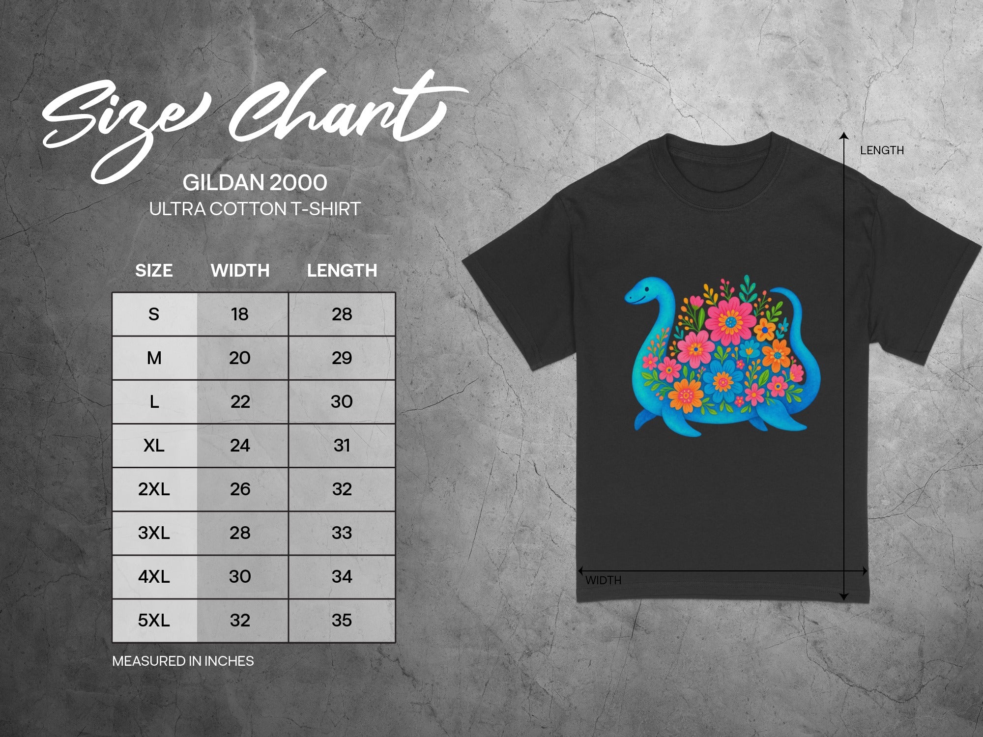 Gildan 2000 Ultra Cotton t-shirt size chart with measurements for width and length.