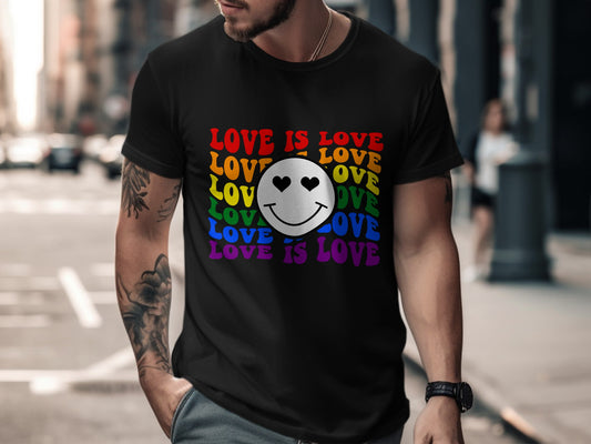 Black t-shirt with "LOVE IS LOVE" text and rainbow-colored smiley face with heart eyes.