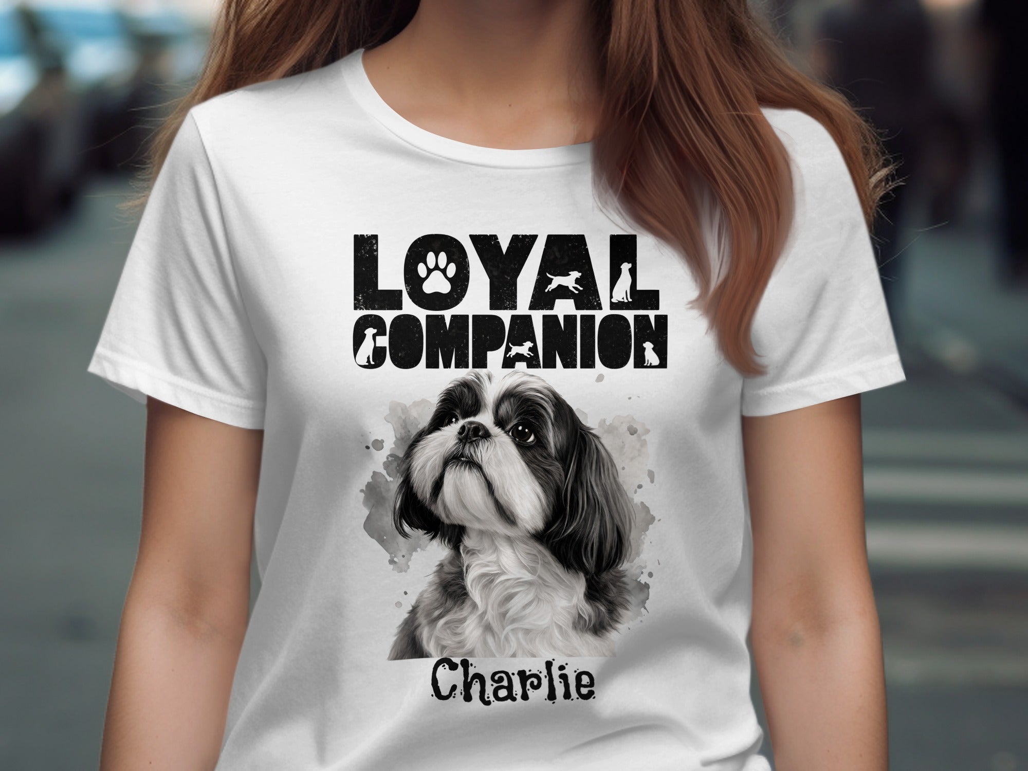 White t-shirt with "Loyal Companion" text and Shih Tzu dog art named Charlie.