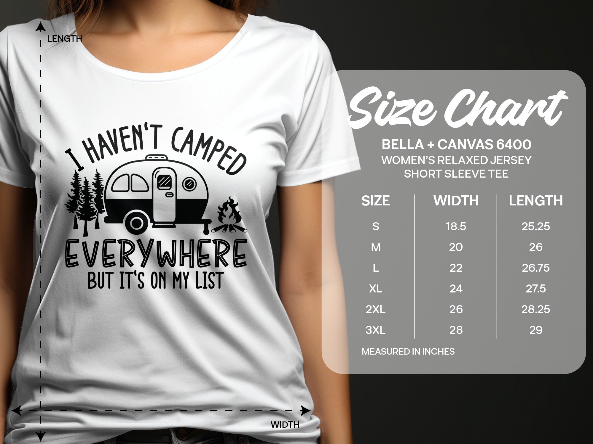 White t-shirt with camper graphic and "I haven't camped everywhere but it's on my list" text, with size chart.