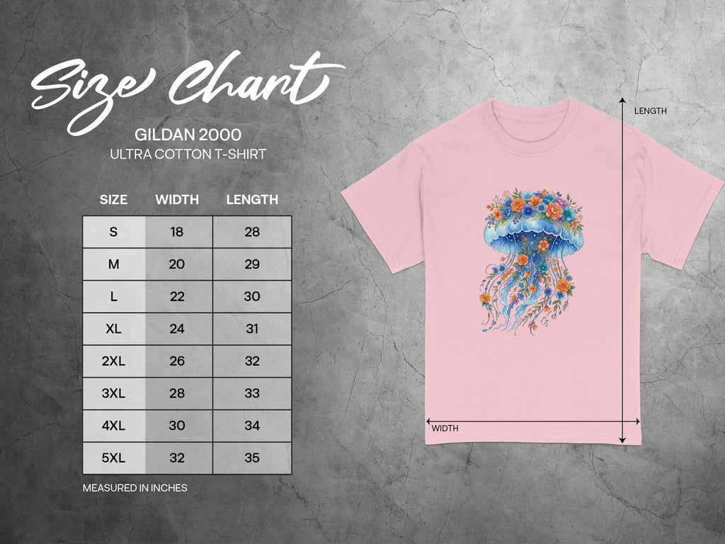 Gildan 2000 Ultra Cotton T-shirt size chart with jellyfish graphic, measured in inches.