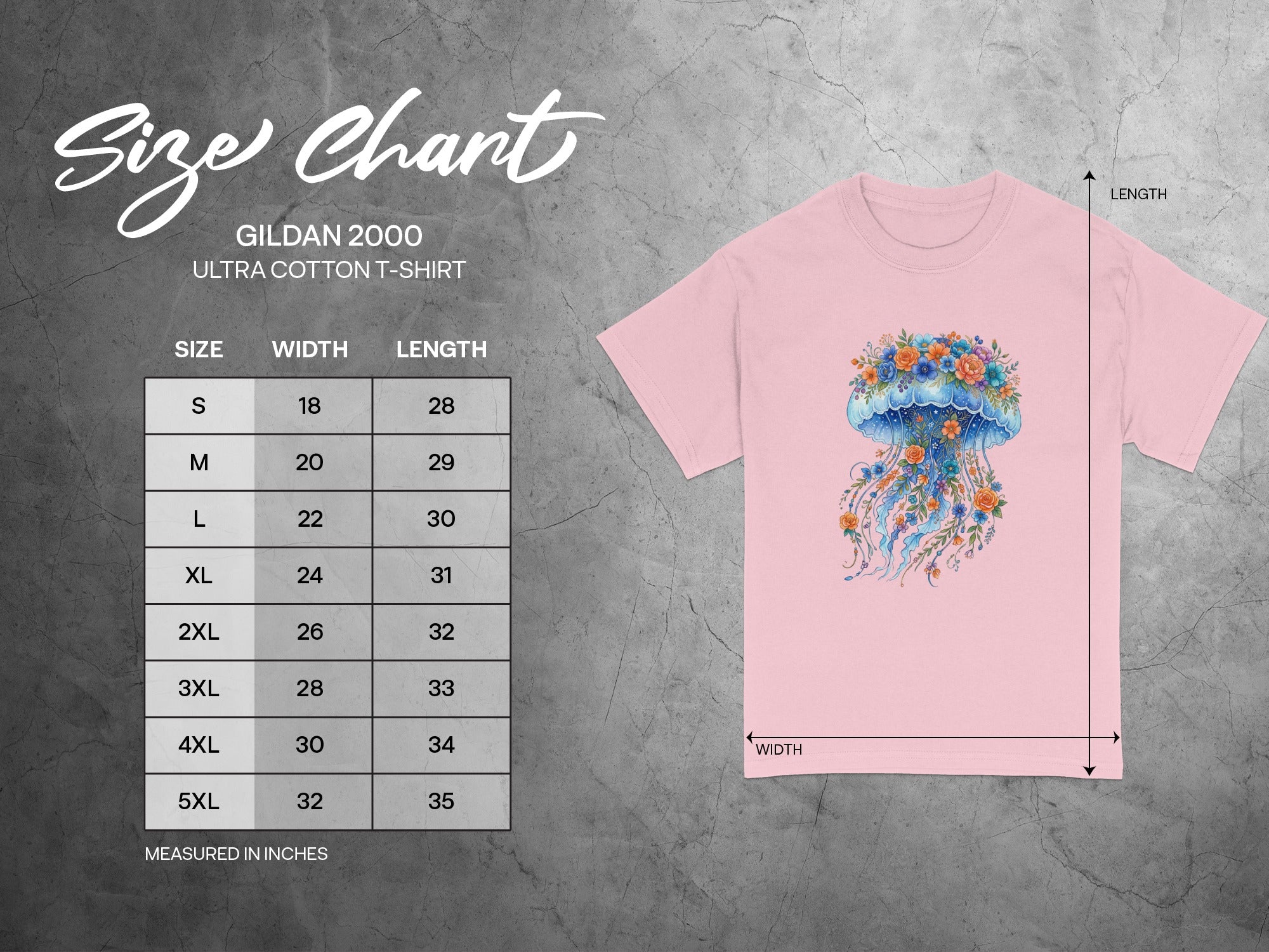 Gildan 2000 Ultra Cotton T-shirt size chart with jellyfish graphic, measured in inches.