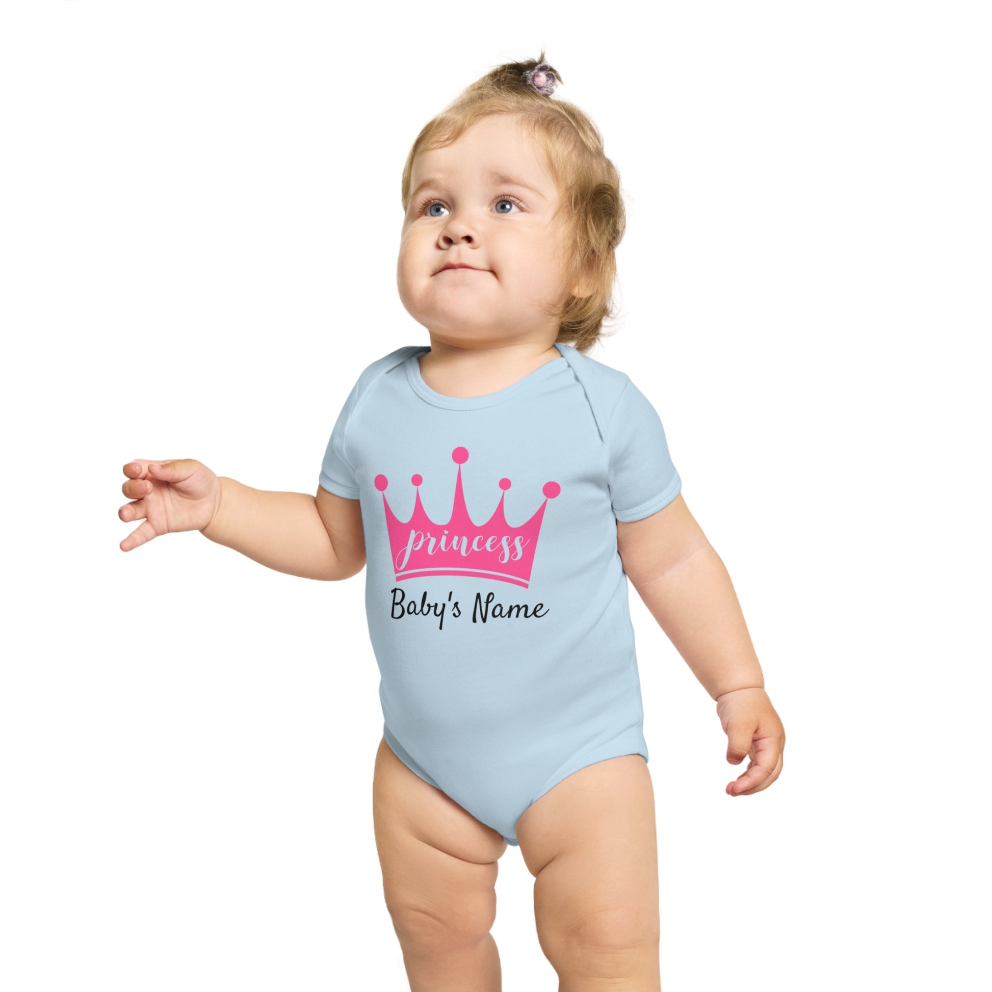 Light blue baby bodysuit with pink "princess" crown and "Baby's Name" text.