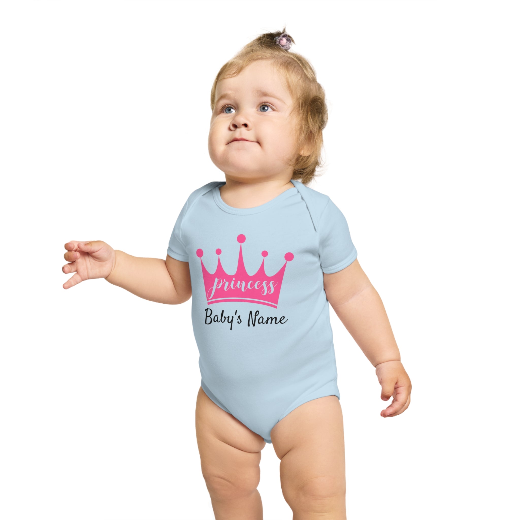 Light blue baby bodysuit with pink "princess" crown and "Baby's Name" text.
