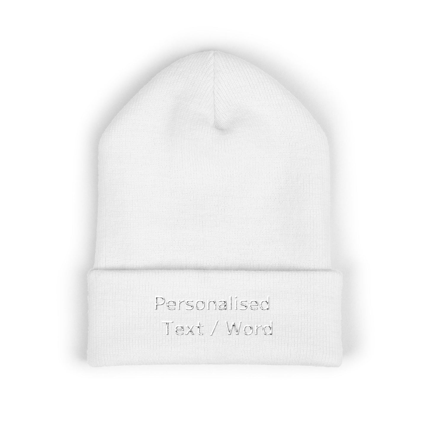 White knitted beanie with "Personalised Text / Word" embroidered on the cuff.